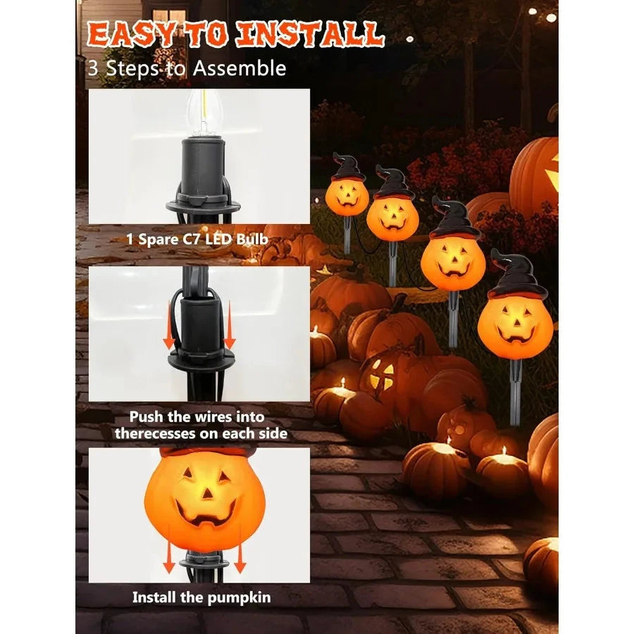 Halloween Pumpkin Pathway Lights Outdoor 4PCS Jack O Lantern Pumpkin Light with Stake Outdoor LED Walkway Lights for Halloween Good Vibrations