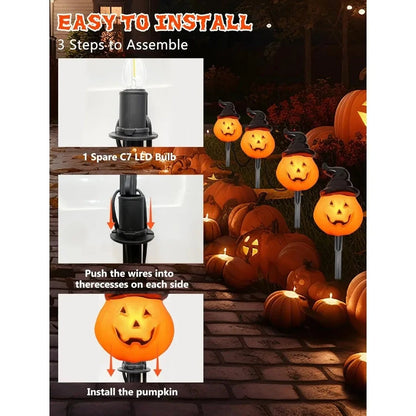 Halloween Pumpkin Pathway Lights Outdoor 4PCS Jack O Lantern Pumpkin Light with Stake Outdoor LED Walkway Lights for Halloween Good Vibrations