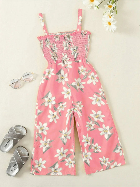 Summer fresh casual children's clothing, girls' pink lily print suspender, waist cinched wide leg pants, jumpsuit Good Vibrations