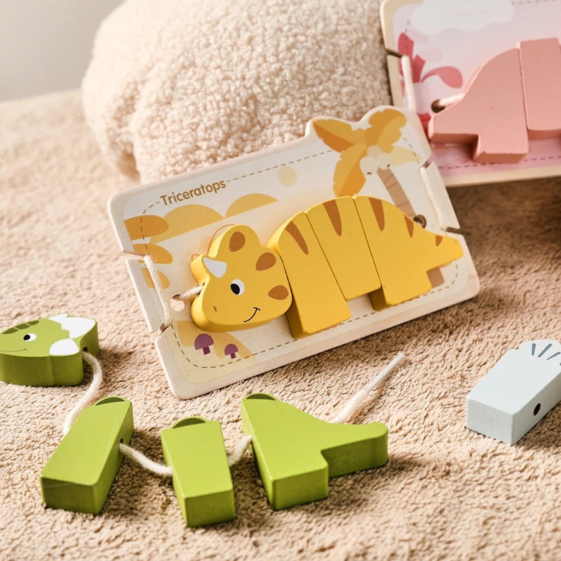 Wooden Animal Threading Toy Baby Finger Fine Sports Toy Cartoon Dinosaur Puzzle Kid Montessori Educational Toy Gift For Children Good Vibrations