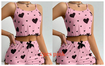 Women's Pajamas Set Sleepwear 2 PCS Short Tank Tops And Shorts S M L White Ventilate Soft Casual Love Printing Good Vibrations