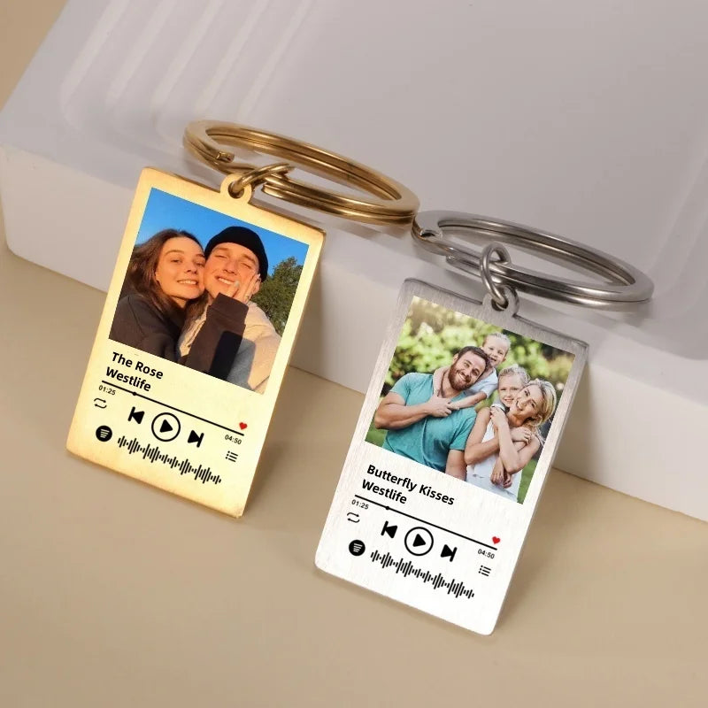 Jeshayuan Custom Picture Keychain Customized Music Song Key Ring Stainless Steel Personalized Photo Keychains Gifts for Lover Good Vibrations
