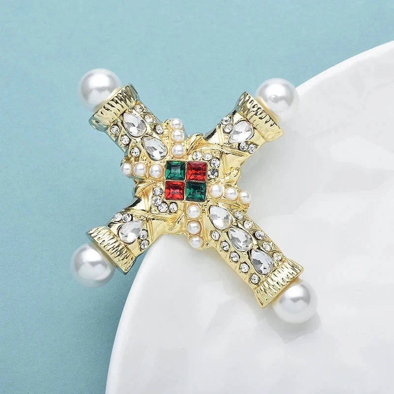 Wuli&baby Palace Style Cross Brooches For Women Men Pearl Rhinestone Baroque Cross Party Casual Brooch Pins Gifts Good Vibrations
