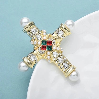 Wuli&baby Palace Style Cross Brooches For Women Men Pearl Rhinestone Baroque Cross Party Casual Brooch Pins Gifts Good Vibrations