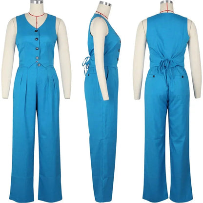 Fashion Elegant Two Piece Set for Women Workwear Office Lady Sleeveless Vest Single-breasted Top + Wide Leg Pants Business Suit Good Vibrations