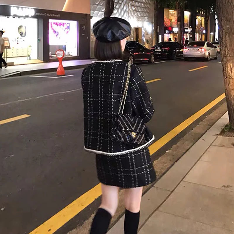 Women Fried Street Tweed Suit 2023 New Spring Autumn Wool Jacket + Skirt Female Fashion Loose Tweed Skirts Two-Piece Set Good Vibrations