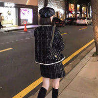 Women Fried Street Tweed Suit 2023 New Spring Autumn Wool Jacket + Skirt Female Fashion Loose Tweed Skirts Two-Piece Set Good Vibrations