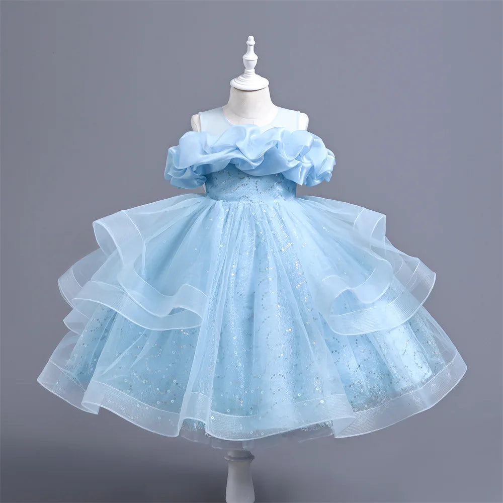 New Girl's Wedding Evening Dress Petal Sequin Mesh Sleeveless Dress Birthday Party School Graduation Party Dress Good Vibrations