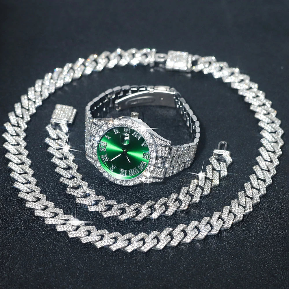 3pcs Men's Silver Watch Set Hip-hop Punk Inlay Diamond Watch+Cuban Chain+Bracelet Comes With Strap Adjuster Stylish Jewelry Gift Good Vibrations