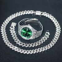 3pcs Men's Silver Watch Set Hip-hop Punk Inlay Diamond Watch+Cuban Chain+Bracelet Comes With Strap Adjuster Stylish Jewelry Gift Good Vibrations