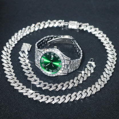 3pcs Men's Silver Watch Set Hip-hop Punk Inlay Diamond Watch+Cuban Chain+Bracelet Comes With Strap Adjuster Stylish Jewelry Gift Good Vibrations
