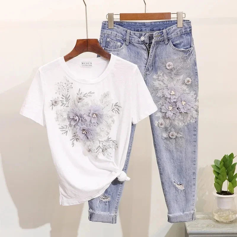 Two-Piece Suit 2025 Summer New Women Denim Pants Beading Embroidery Tshirt Tops+ High Waist Hole Jeans Female Casual Outfits Good Vibrations