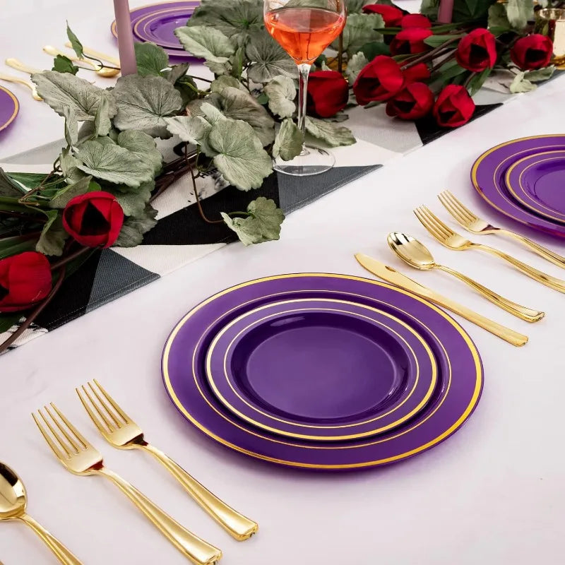 200PCS Halloween Purple Gold Plastic Plates with Gold Plastic Silverware,Purple Plastic Dinnerware Good Vibrations