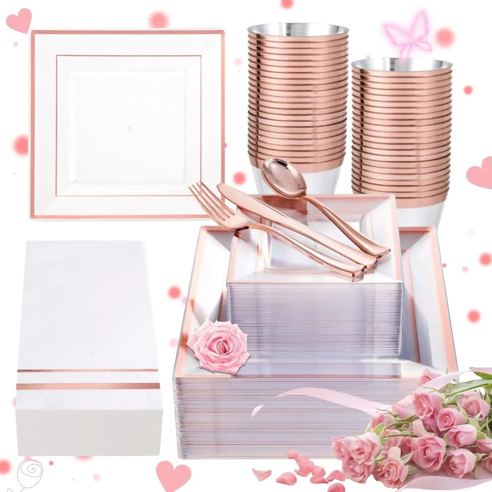 Popular - 350Pcs Rose Gold Plastic Plates - Clear Rose Gold Disposable Dinnerware Sets for 50Guests include 100 Plates 50 Cups Good Vibrations