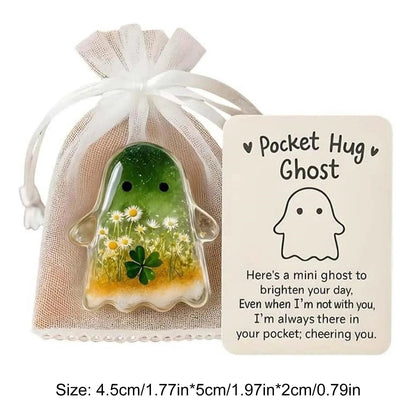 2Pcs Pockets Hug Ghost Halloween Acrylic Mini Ghosts Statue Inspirational Pocket Hug Ornaments With Positive Card For Party Gift Good Vibrations