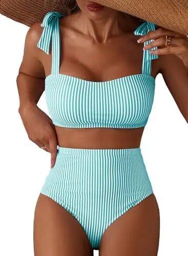 Women Two-piece Halter Vest Swimwear Sexy Striped Ruffle High Waisted Bikinis Set Female Bathing Suit Tie Strap Beachwear Good Vibrations