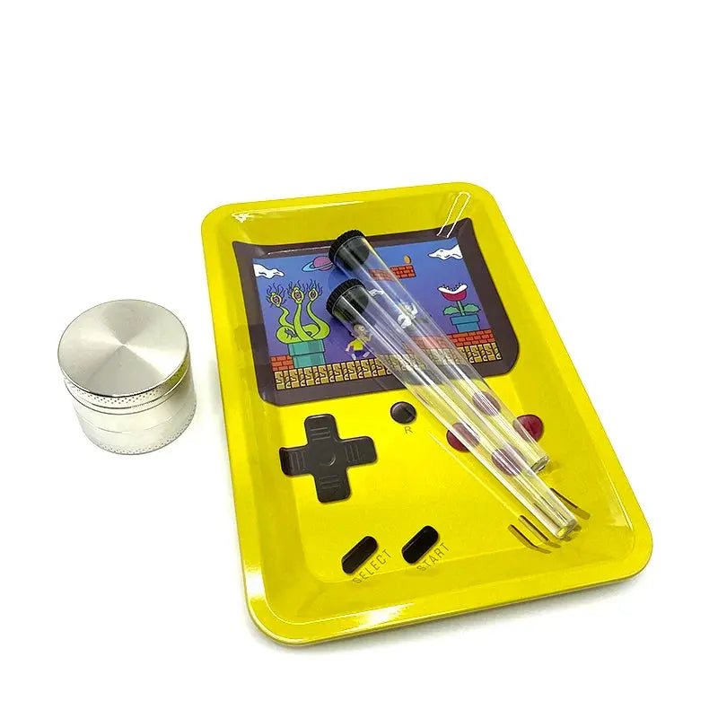 Metal herb grinder set with 40mm crusher and black rolling tray, featuring a frosted finish and smell proof tubes.