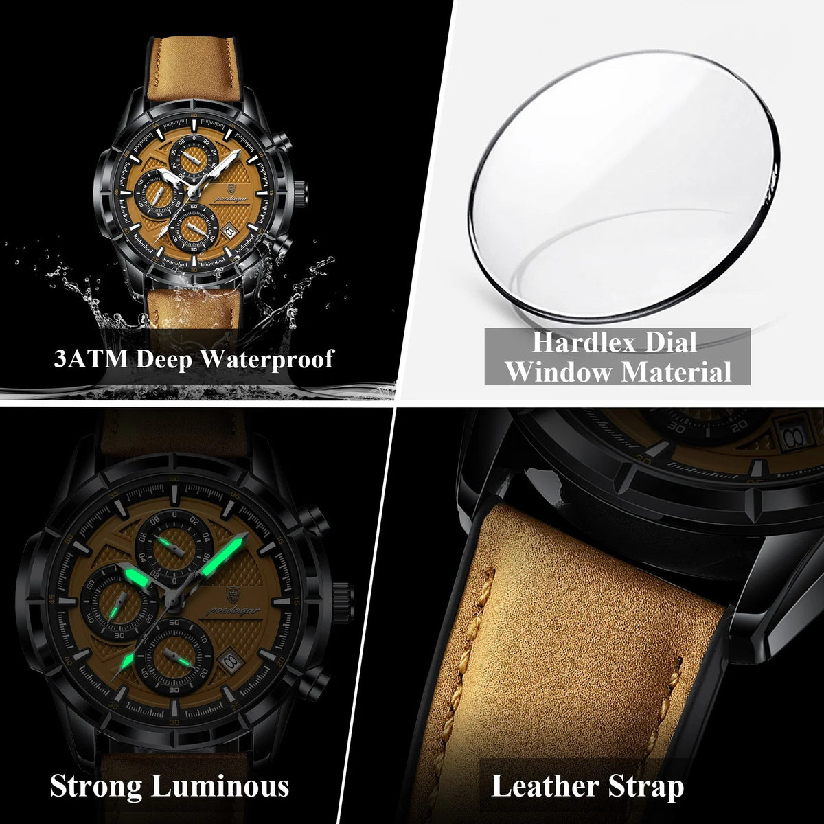 POEDAGAR Luxury Top Men Wristwatch Quartz Original Leather Men's Watches Date Chronograph Waterproof Luminous Man Watch Male+Box Good Vibrations