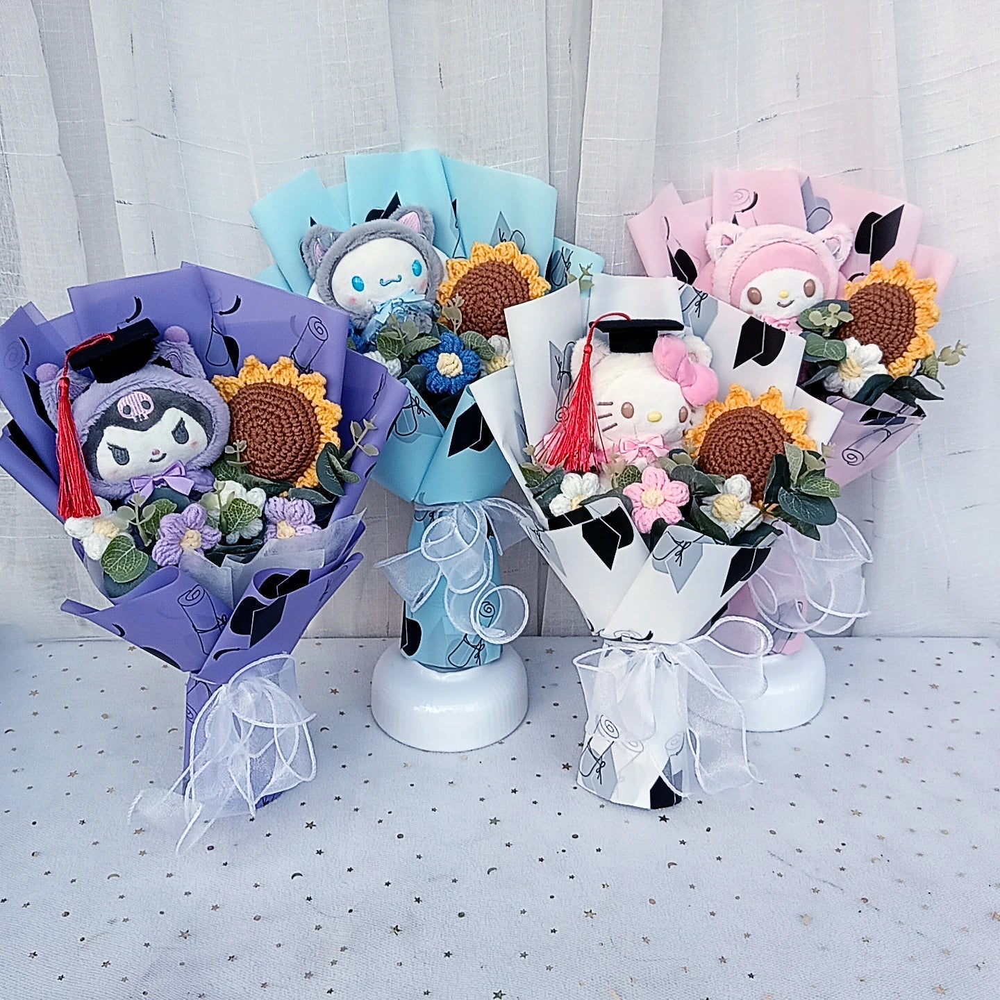 Graduation Gifts Sanrio Kuromi Hello Kitty With Crochet Sunflower Bouquet My Melody Cinnamoroll  Mother's Day Birthday Gifts Good Vibrations