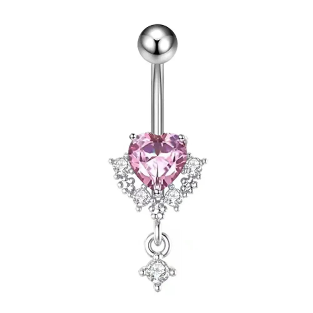 Fashion Pink Crystal Crown Belly Button Rings Stainless Steel Long Pendant Butterfly Heart Navel Piercing for Women Jewelry Good Vibrations Adult Super Store