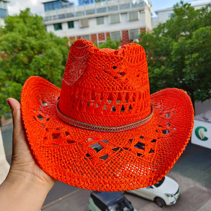 hats straw cowgirl western hat  mexican hat  retro curling hat western cowboy hat outdoor riding hat travel sports hat Good Vibrations