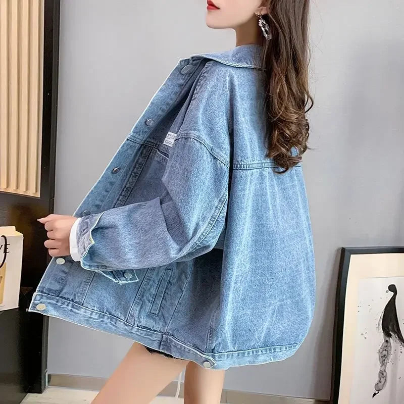 Casual Long Sleeve Denim Shirt Women's Versatile Spring Autumn Wear Multiple Times Outerwear Polyester Fiber Loose Fit Good Vibrations