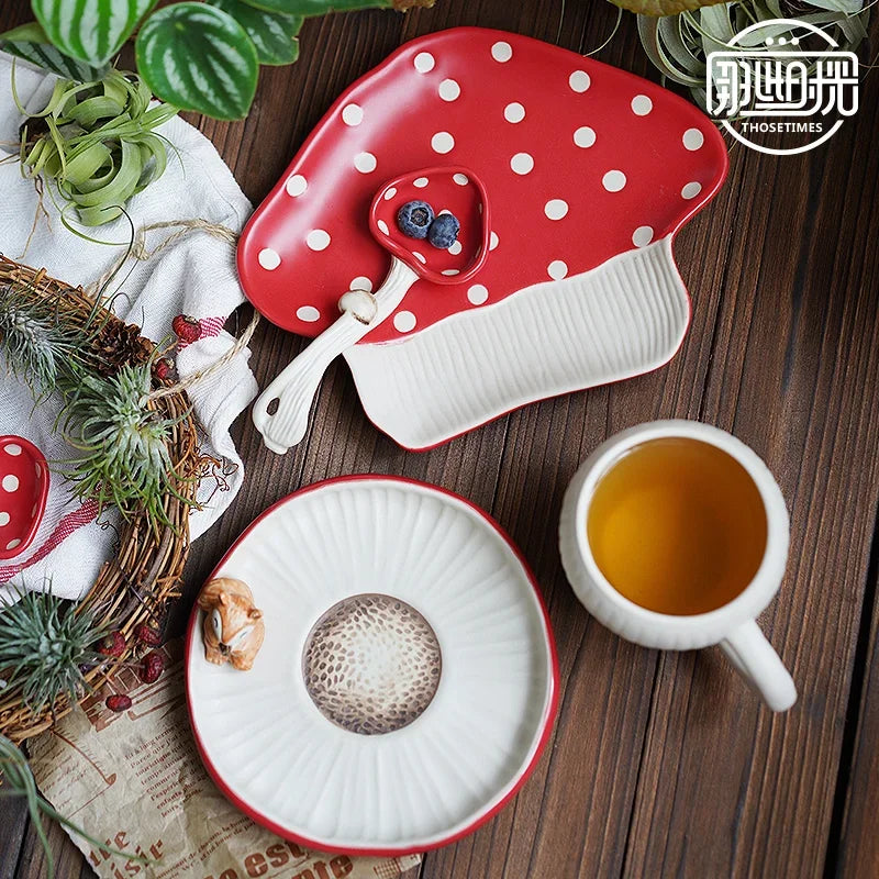 Cute Red Mushroom Ceramic Tableware Coffee Cup Afternoon Tea Set Creative Cartoon Pastry Plate Rice Bowl Salad Plate Dinner Dish Good Vibrations