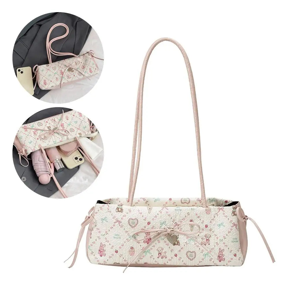 Cartoon Print Shoulder Bag Sweet Women Bow Underarm Bag Commuter Versatile Handbag Pleated Tote Bag Casual Practical Bag Good Vibrations