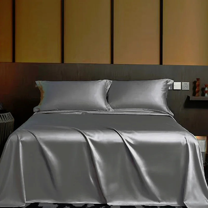 Summer Luxury Satin Silk-like Bed Sheet Set (Flat Sheet + Fitted Sheet + Pillowcase) Solid Color Mattress Cover Twin Full Queen Good Vibrations