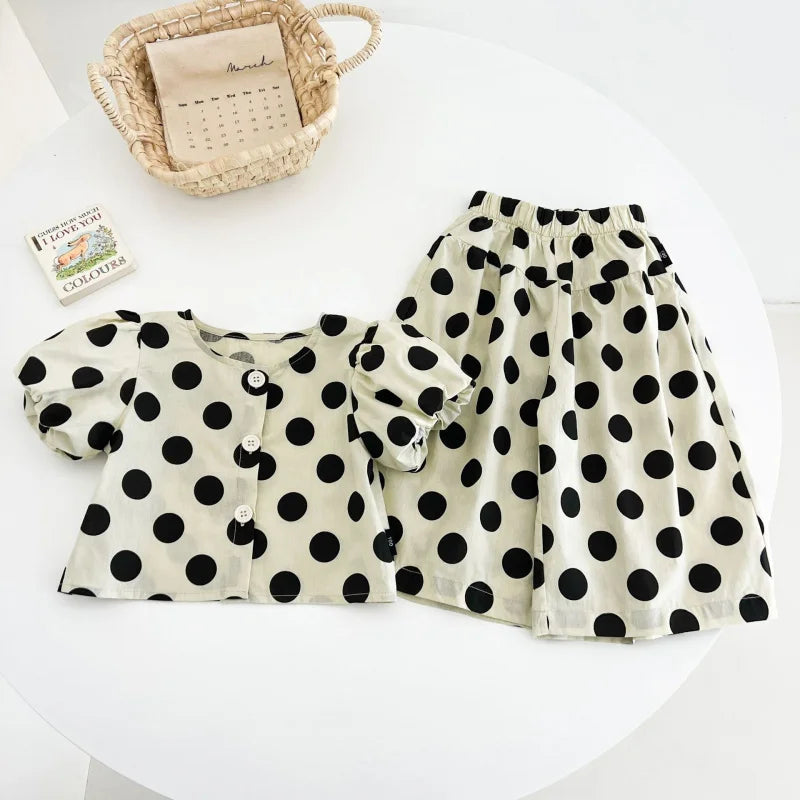 Korean-style new summer girls' outfit: round polka dot short top and loose wide-leg pants two-piece children's clothing set Good Vibrations