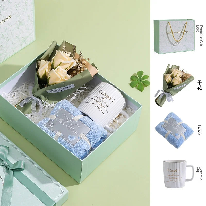 Lucky Coffee Mug Towel Flower Gift Set for Wedding Birthday Anniversary Ceramic Water Cup Mother Girl Friend Gift Bag Good Vibrations