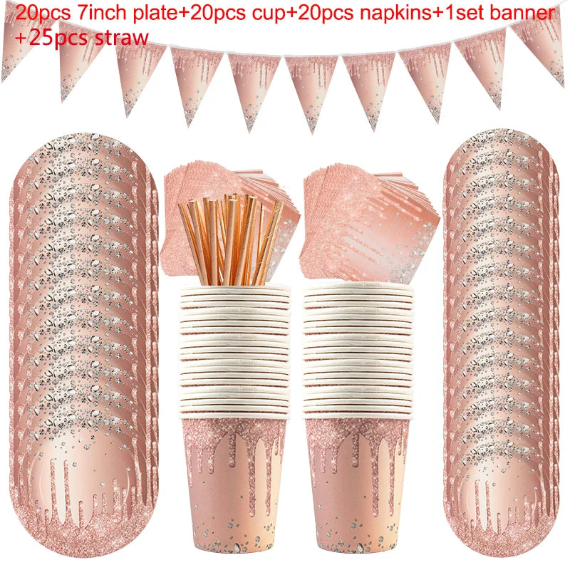 Rose Gold Disposable Tableware Diamond Pattern Paper Cups Plates Straws Table Decoration Wedding Birthday Party Supplies Good Vibrations