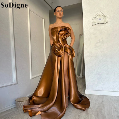 SoDigne Elegant Brown Evening Dresses A-Line Draped High Split Ruffles Strapless Long Party Dress Modern Prom Gowns Customized Good Vibrations