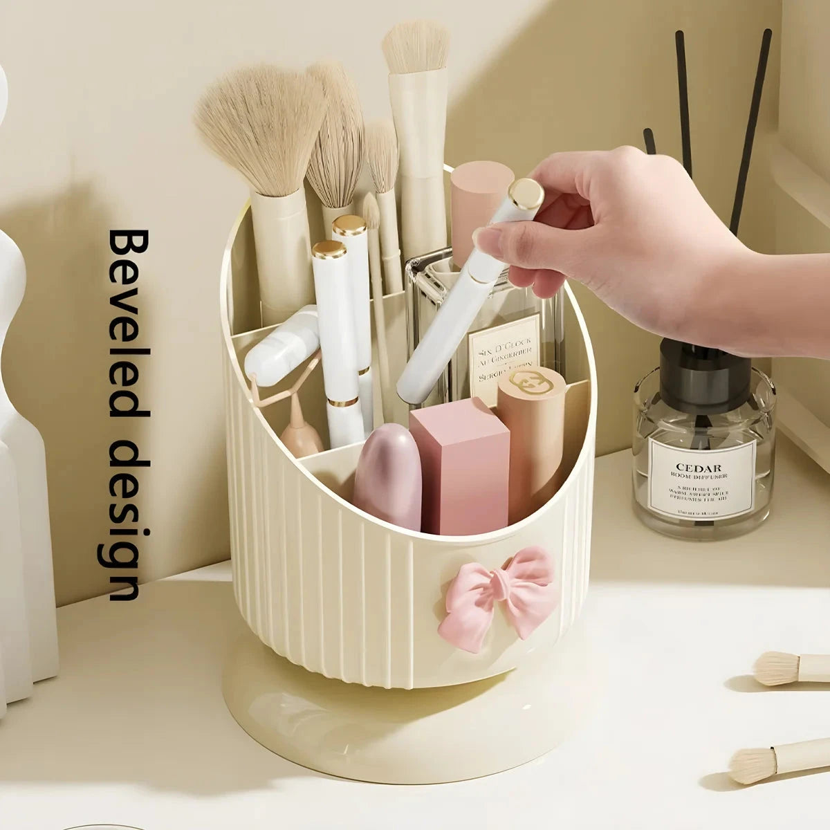 Makeup Brush Organizer with 3 Slots Cosmetic Storage Bucket with Cute Accessory Makeup Organizer Countertop for Vanity Good Vibrations