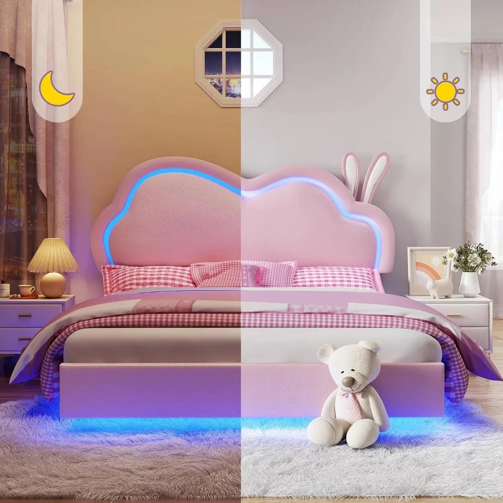Jocisland Twin LED Bed Frame for Girls Upholstered Floating Bed with Cute Cloud Headboard, No Box Spring Needed, Leather, Pink Good Vibrations