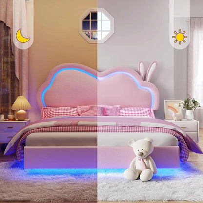 Jocisland Twin LED Bed Frame for Girls Upholstered Floating Bed with Cute Cloud Headboard, No Box Spring Needed, Leather, Pink Good Vibrations