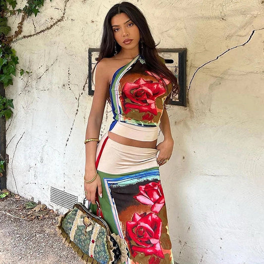 Two Piece Matching Sets Women 2033 Summer Crop Tops Midi Skirt  Vacation Outfits Streetwear Wholesale Items For Business Good Vibrations
