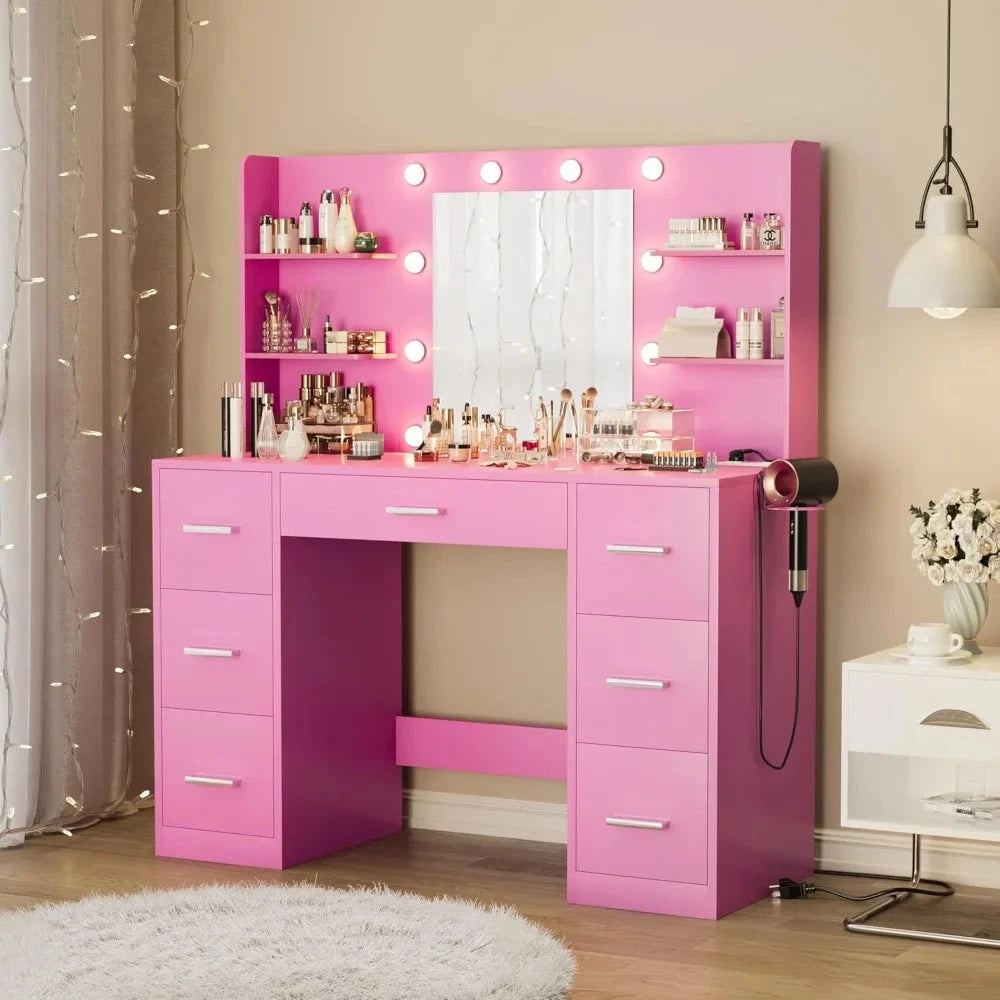 Vanity Desk with Mirror, LED Lights and Power Outlet Makeup Vanity Table with 7 Drawers and 6 Storage Shelves Dressing Table fo Good Vibrations