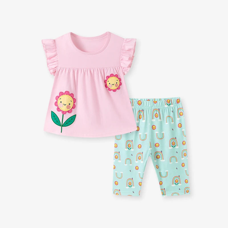 Little maven Kids Clothes Children's Clothing Baby Girls 2026 Tracksuit Summer Cotton Sets Cartoon Flowers T Shirts Tops+Pants Good Vibrations