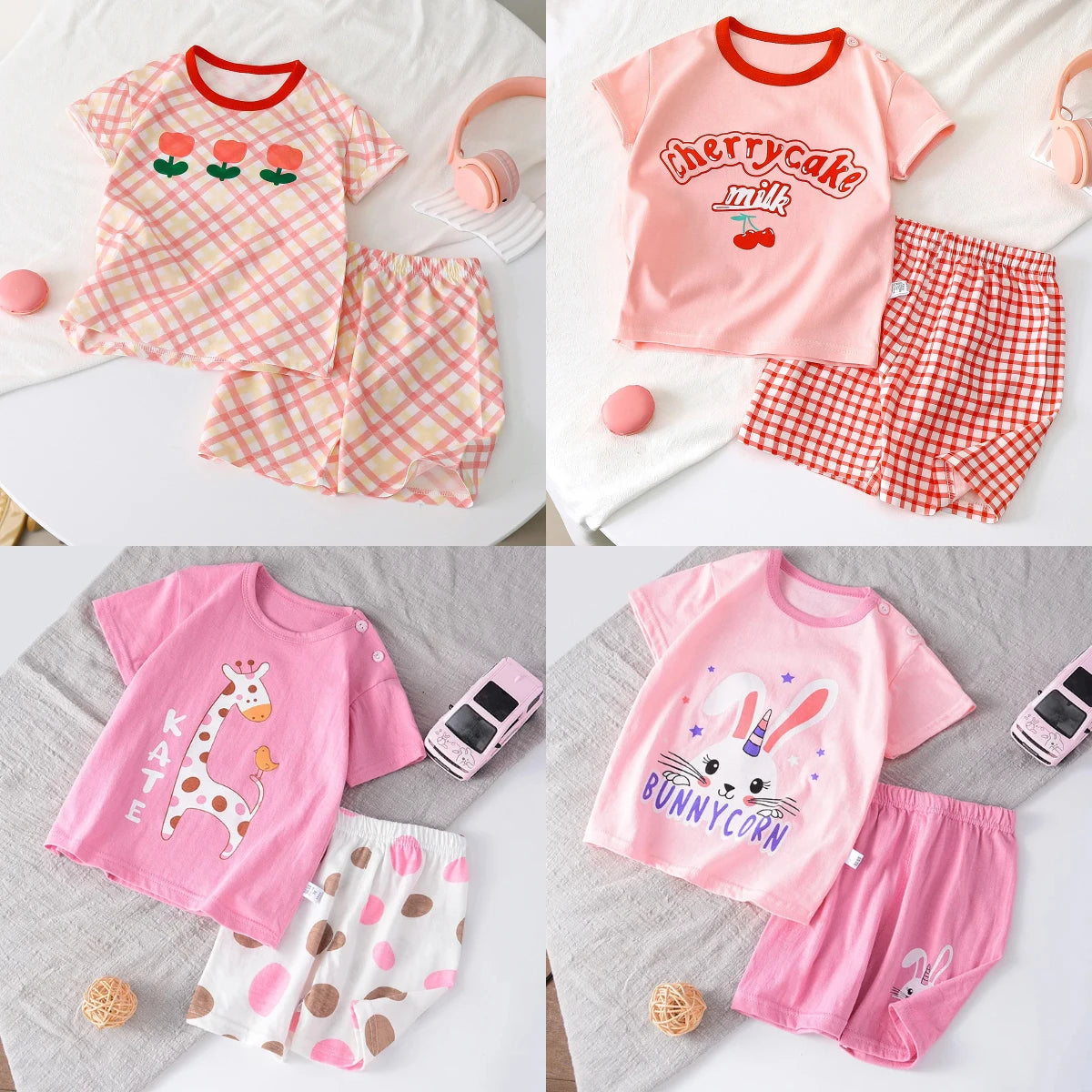 Girls Cute Pink Sets Fashion Tops Summer Clothing Loose Tees+shorts Kids Short Sleeve Shorts Outfits Cartoon Tshirt Casual Good Vibrations