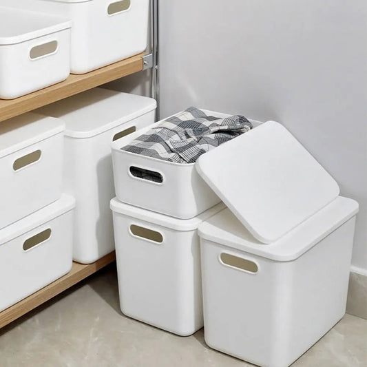 New Home Container Stackable Storage Box Organizer Container With Lid Cover Plastic Good Vibrations