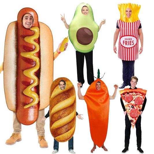 Group of adults wearing unisex food costumes including hot dog, avocado, french fries, baguette, carrot, and pizza slice.
