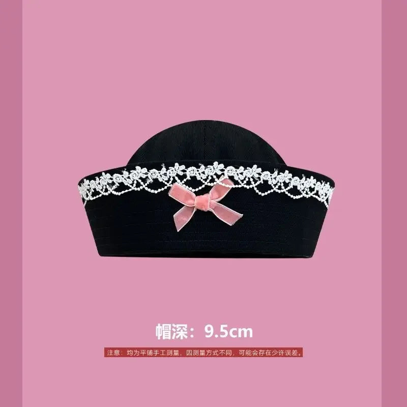Y2K Striped Bow Flower Rhinestone Sailor JK Beret Navy Hats for Women Summer Niche Flipped Nurse Cosplay Beret Cap Sombreros Good Vibrations