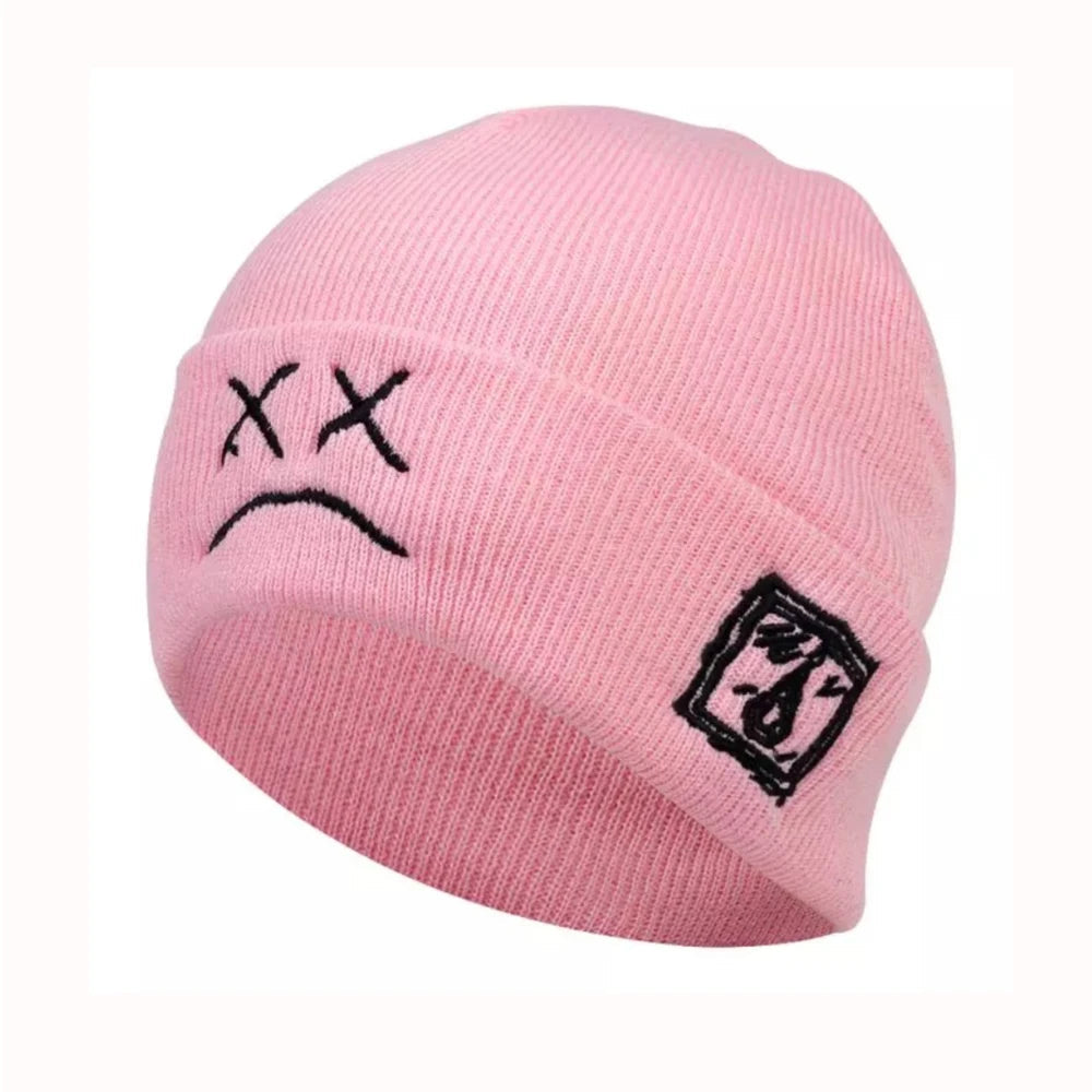 Hat Hip-hop Style Beanie Knitted Embroidered Knitted Hat With Sad Expression Warm Woolen Hat for Men and Women Fashion Cap Good Vibrations