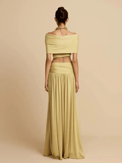 Women's Elegant 2 Piece Outfit | High Waist Draped Long Skirt & Off Shoulder Sleeveless Crop Top for Party Daily Good Vibrations