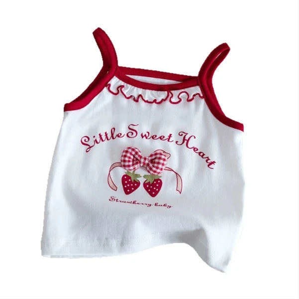 Girls T-shirt 2025 Summer New Childrens Clothing Korean Wind Girl Baby Sweet Lace Lovely Halter Vest Casual Simple Daily Good Vibrations