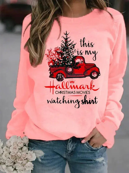 Christmas Tree Car Printed Long Sleeve Collar Loose Round Neck Hoodie Winter Autumn Graphic T Shirts  Women Clothing Good Vibrations