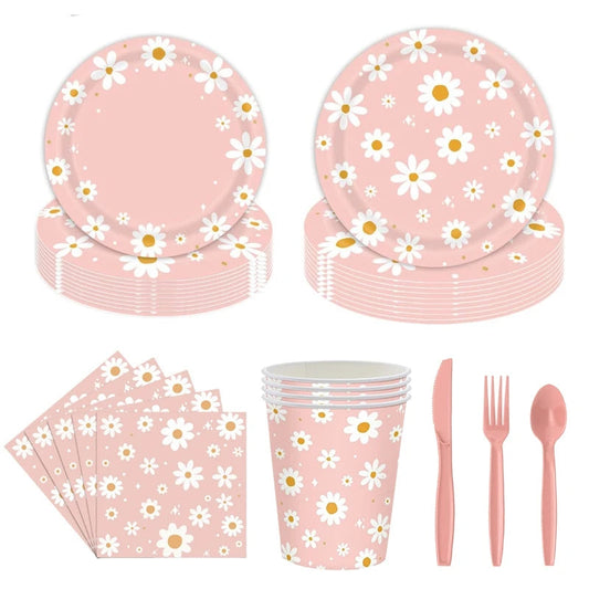 24pcs 7/9inch Pink Daisy Theme Disposable Tableware Flower Plate Napkin Straws Banner Birthday Party Baby Shower Wedding Decor Good Vibrations