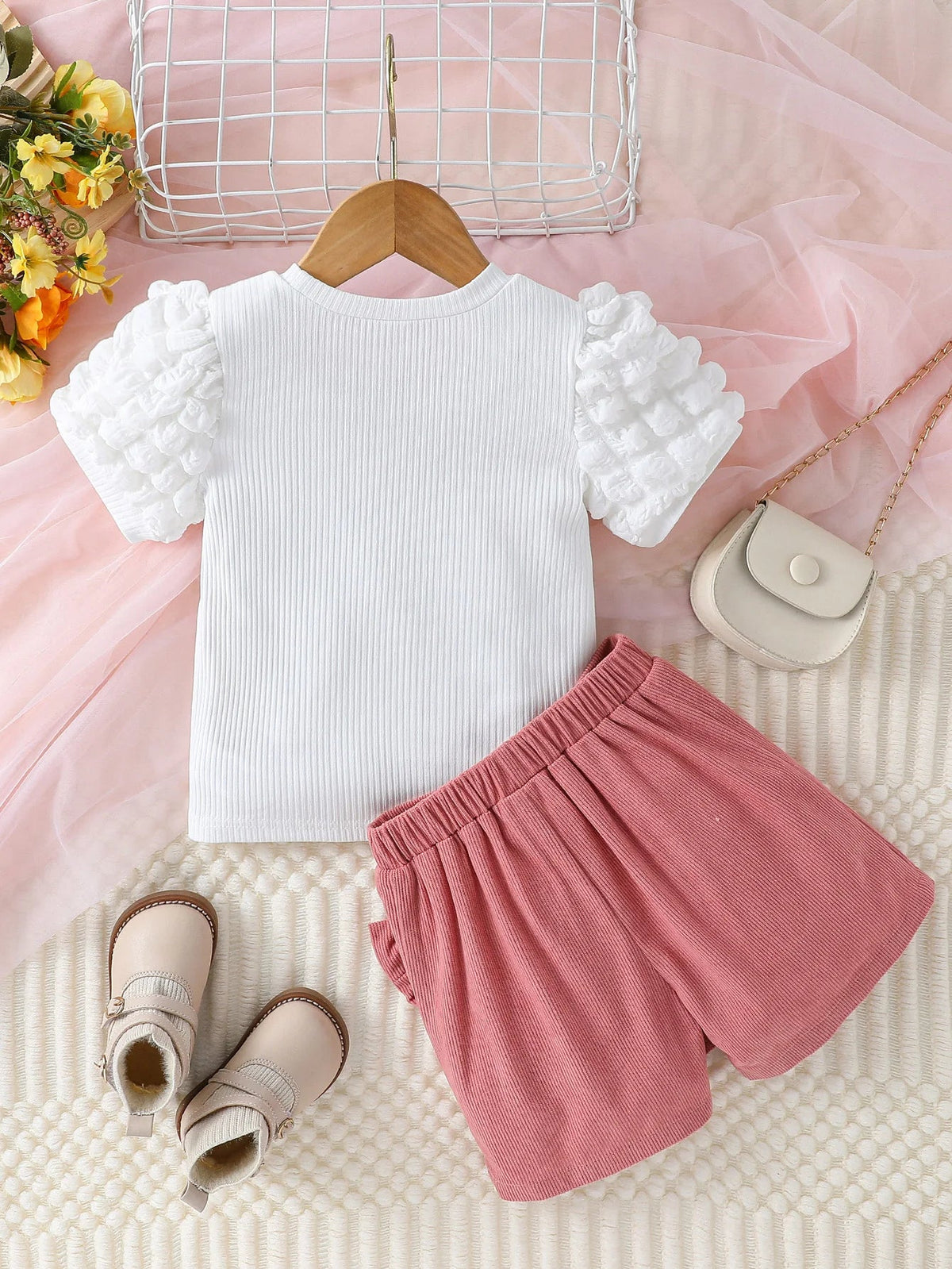 Toddler Girl Summer Fashion Casual Clothes Top With Heart Puff Sleeve &Pink Short Pant With Bow Active Clothing Set For 1-6Y Good Vibrations