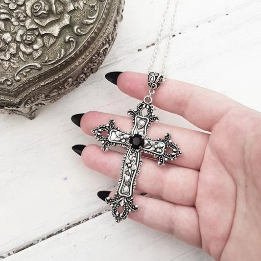 Y2K Punk Crystal Big Cross Pendant Necklaces for Women Men Gothic Irregular Cross Clavicle Chain Necklaces Jewelry Good Vibrations
